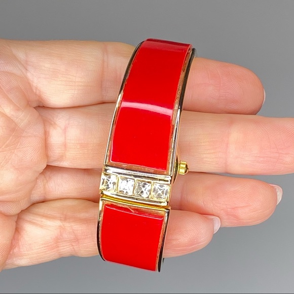 Geneva Gold and Red Hinged Cuff Bangle Bracelet Watch - Picture 4 of 10